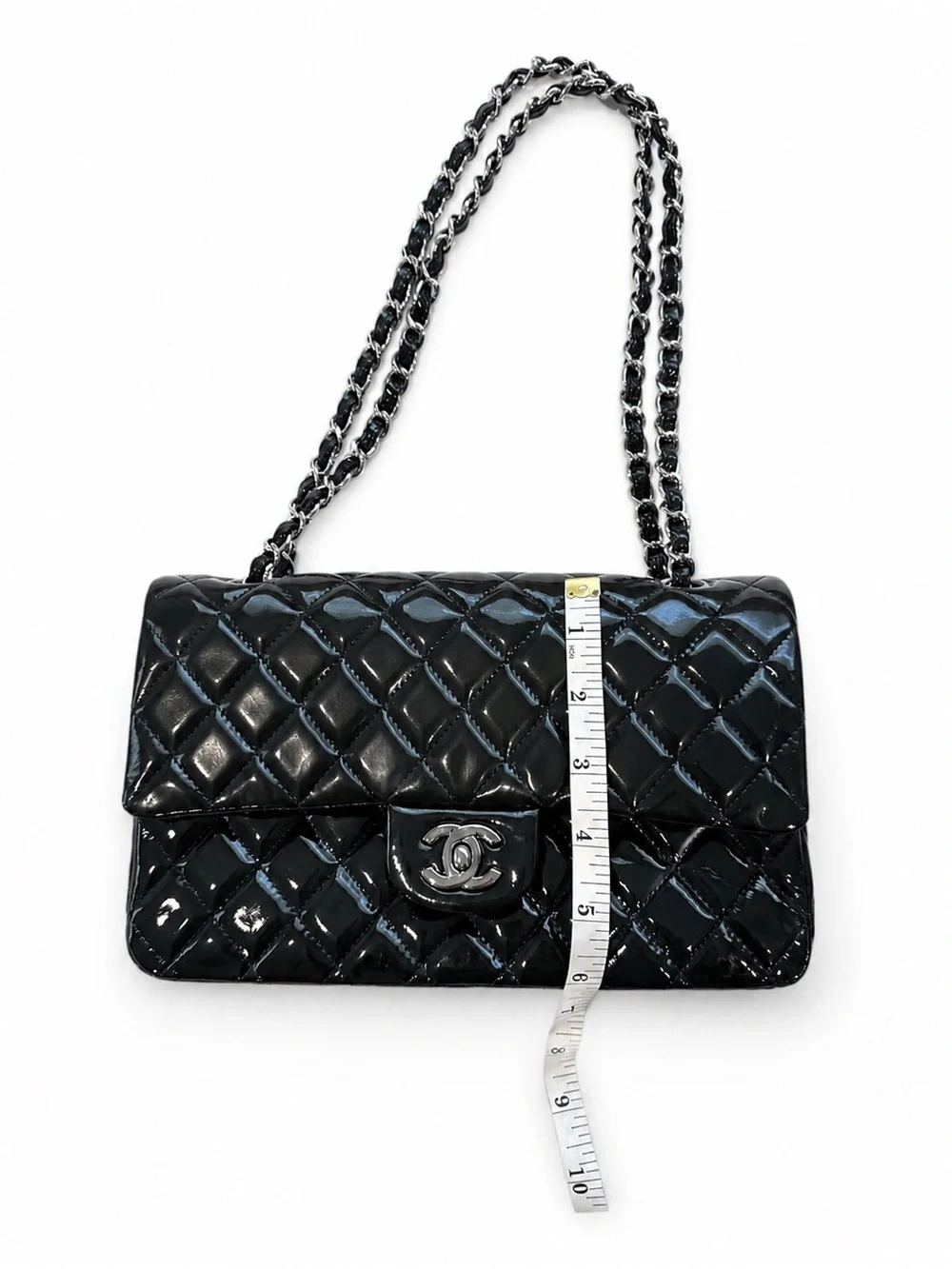 CHANEL Dark Green/Black Quilted Patent Leather Double Flap Bag with Chain Strap